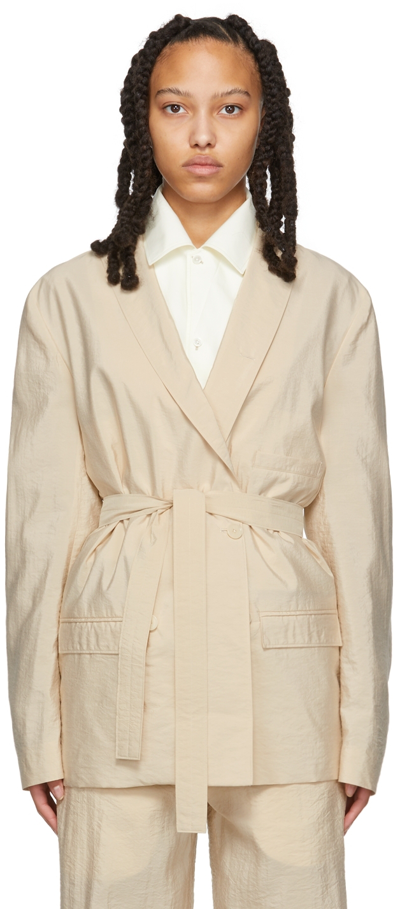 Lemaire Beige Belted Double-breasted Blazer In Bianco