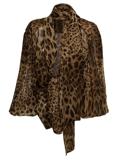 Dolce & Gabbana Woman's Animal Printed Chiffon Silk Shirt In Brown