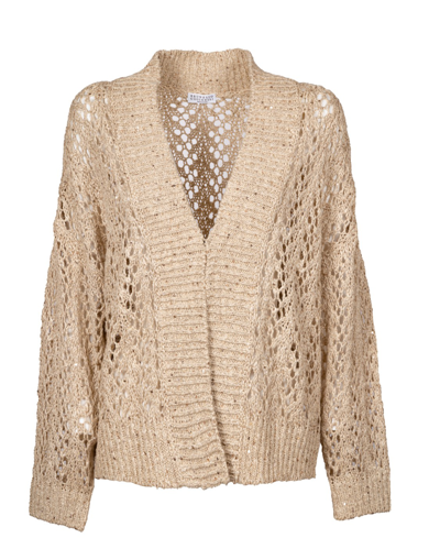 Brunello Cucinelli Beige Mohair Cardigan With Sequins In Brown