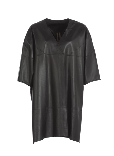 Rick Owens Short Sleeved Leather Cape In Black