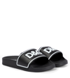Dolce & Gabbana Boys Black Leather Logo Sliders In Nero/bianco