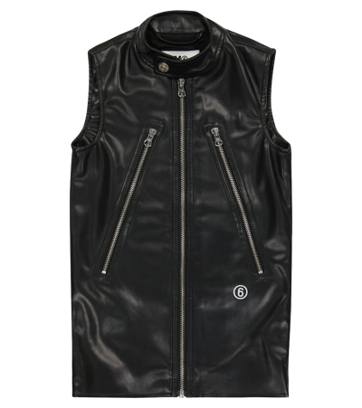 Mm6 Maison Margiela Kids' Zip-up Faux-leather Gilet In Black