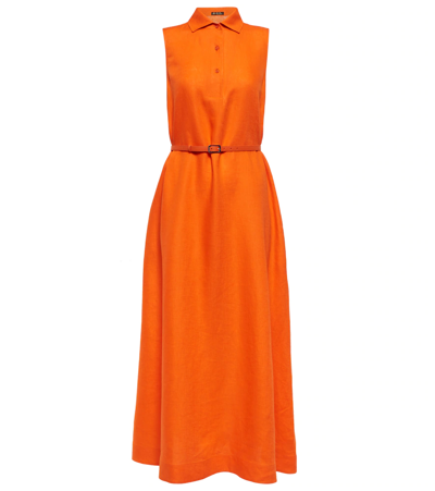 Loro Piana Leyla Collared Linen Belted Midi Dress In L04a Carrot Juice