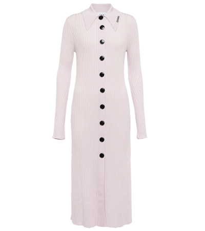 Ganni Ribbed Merino-wool Buttoned Dress In Light Lilac