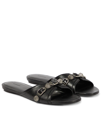 Balenciaga Cagole Leather Slides In Black/pallad Inv