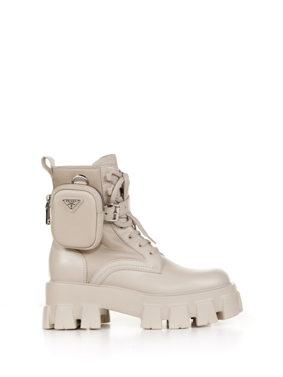 Prada Cream Brushed Leather And Nylon Monolith Boots In White