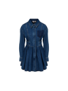 Alexander Mcqueen Pleated Denim Shirt Minidress In Medium Wash