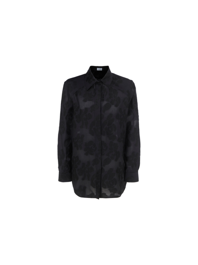 Ferragamo Black Floral-print Shirt In Linen Blend
