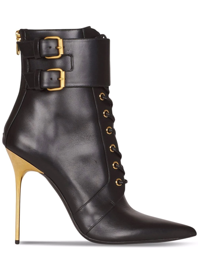 Balmain Leather Lace-up Ankle Boots In Black