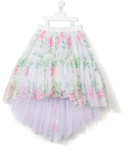 Monnalisa Kids Rose Print Tulle Skirt In Neutrals