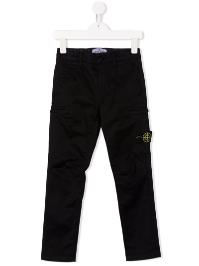 Stone Island Junior Kids Black Cargo Trousers With Logo Patch In Blue