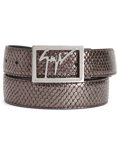 Giuseppe Zanotti Snake-embossed Logo Buckle Belt In Brown