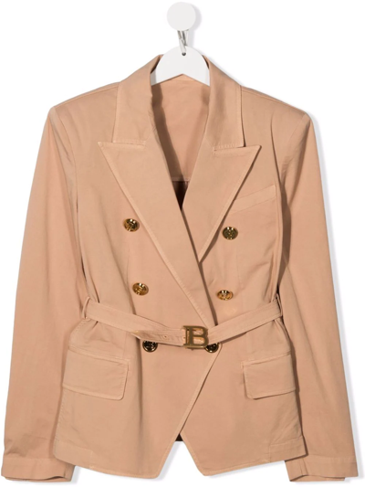 Balmain Kids Double-breasted Blazer In Beige Cotton With Belt