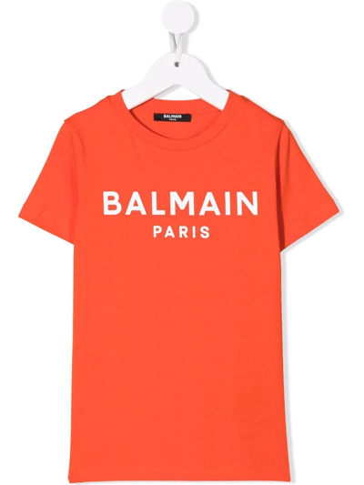 Balmain Kids' Logo印花棉t恤 In Orange