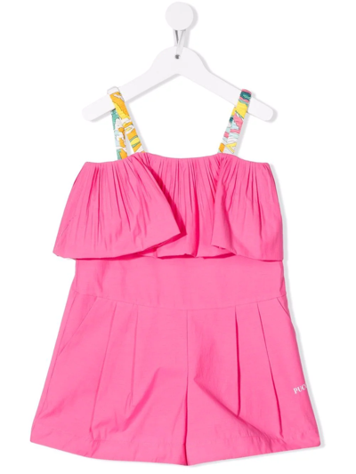 Emilio Pucci Junior Kids' Contrast-straps Ruffled Playsuit In Pink