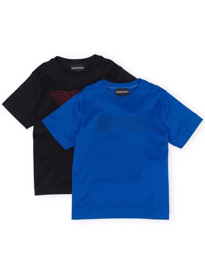 Emporio Armani Kids' Set Of 2 Logo Cotton Jersey T-shirts In Black,royal