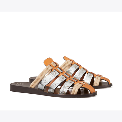 Tory Burch Mixed Leather Fisherman Mule Sandals In Brandy/silver
