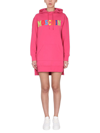 Moschino Dress With Multicolor Flocked Logo In Fuchsia