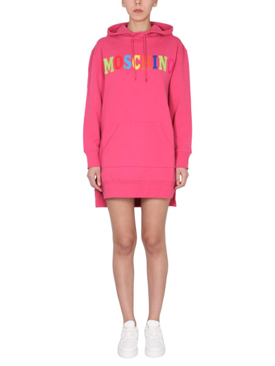 Moschino Dress With Multicolor Flocked Logo In Pink