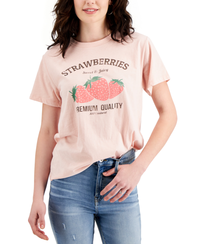Grayson Threads Black Juniors' Strawberries Graphic Print T-shirt In Rose Smoke