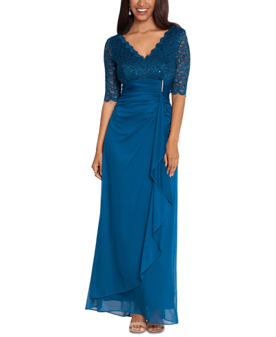 Betsy & Adam Petite V-neck Lace-bodice Gown In Peacock