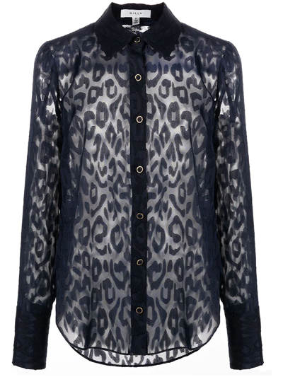Milly Sheer Leopard-print Jacquard Blouse In Navy