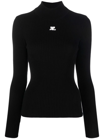 Courrèges Black Reedition Rib Knit Mock Neck Jumper In 9999 Black