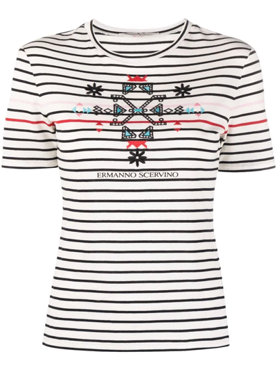 Ermanno Scervino Embroidered-design Stripy Cotton T-shirt In Weiss