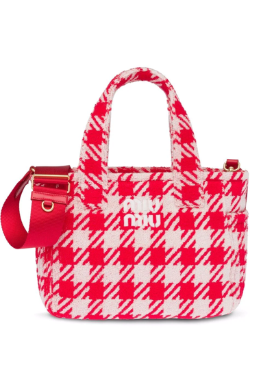 Miu Miu Check-print Terry Cloth Handbag In Rot