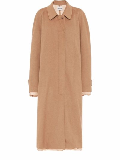 Miu Miu Single-breasted Velour Camel-hair Coat In Camel Brown