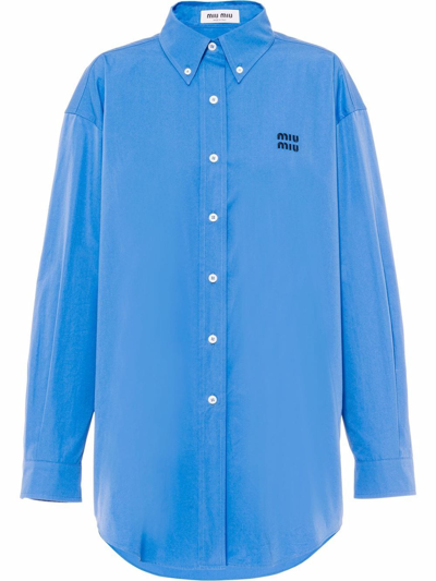 Miu Miu Oversized Cotton Poplin Shirt In Blau