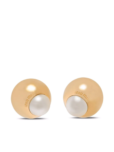 Miu Miu Pearl Bead Clip-on Earrings In Gold