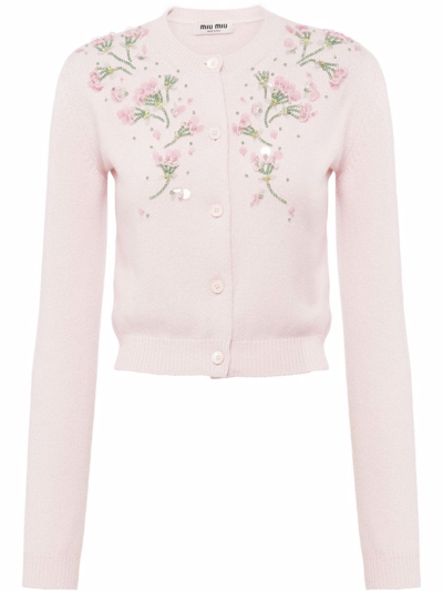 Miu Miu Floral-embellished Crop Cashmere Cardigan In F0bd6 Opale
