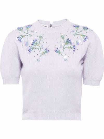 Miu Miu Floral-embellished Cashmere Cropped Jumper In Grau