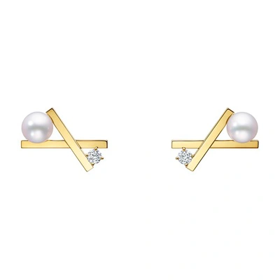 Tasaki 18kt Yellow Gold Collection Line Balance Cross Akoya Pearl And Diamond Stud Earrings In Or Jaune