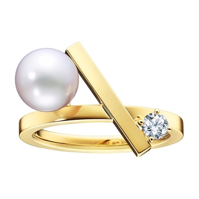 Tasaki 18kt Yellow Gold Collection Line Balance Cross Akoya Pearl And Diamond Ring In Or Jaune