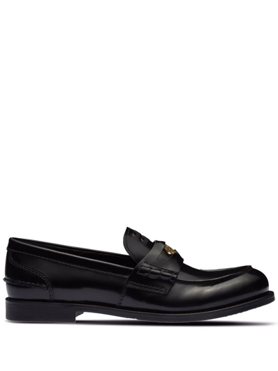 Miu Miu Black Calf Leather Loafers With Metal Plaque Detail