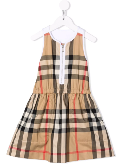 Burberry Kids' 经典格纹翻领连衣裙 In Beige