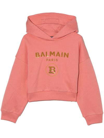 Balmain Sequin-logo Cropped Hoodie In Rosa