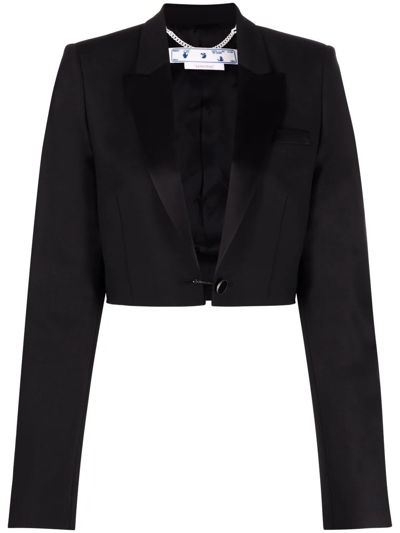 Off-white Cropped Satin-trimmed Twill Blazer In Black