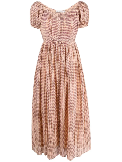 Tory Burch Belted Pleated Floral-print Cotton And Silk-blend Midi Dress In Pink
