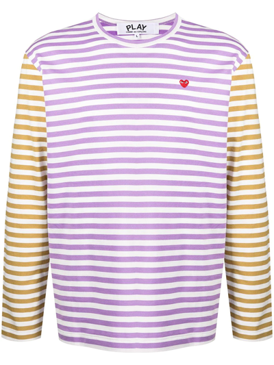 Comme Des Garçons Play Logo Striped Long Sleeve T-shirt In Purple