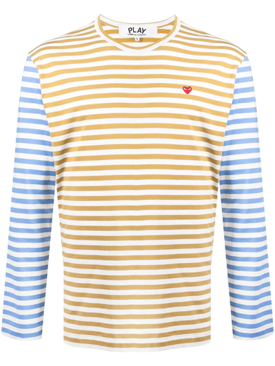 Comme Des Garçons Play Small Heart Stripe Colorblock Long Sleeve T-shirt In Green