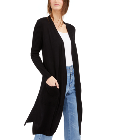 Inc International Concepts Petite Ribbed Slit-hem Duster Cardigan Sweater, Created For Macy's In Deep Black