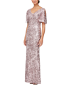ALEX EVENINGS PETITE SEQUINNED COLD-SHOULDER GOWN