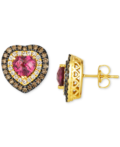 Le Vian Raspberry Rhodolite (2 Ct. T.w.) & Diamond (3/4 Ct. T.w.) Heart Stud Earrings In 14k Gold In Yellow Gold