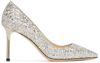 JIMMY CHOO SILVER COARSE GLITTER ROMY 85 HEELS