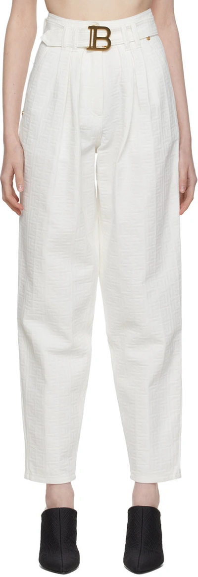 Balmain White Denim Belted Logo Trousers In 0fa Blanc