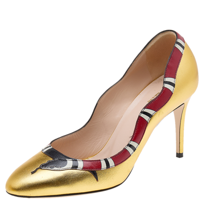 Pre-owned Gucci Gold Leather Yoko Snake High Heel Pumps Size 37.5