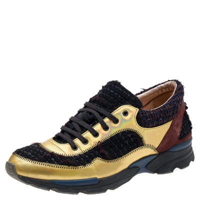 Pre-owned Chanel Multicolor Tweed Fabric And Leather Cc Lace Up Trainers Size 38. In Black